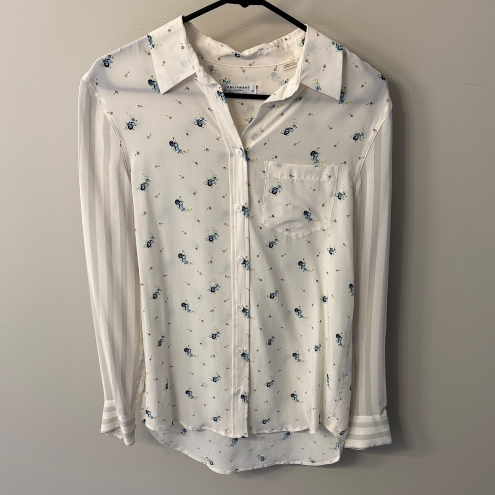 Equipment White Floral Silk Button-Up Blouse XS